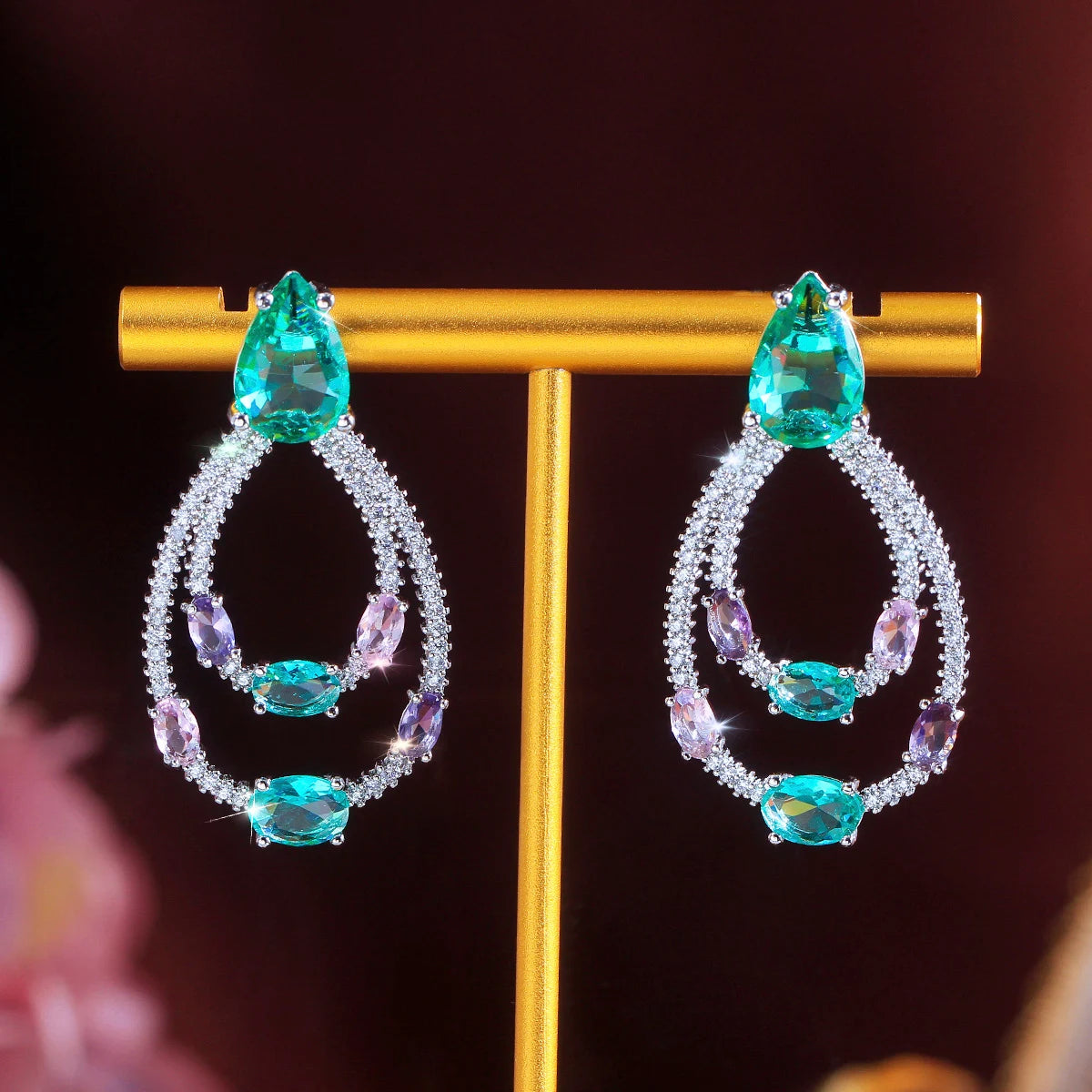Luxury Designer Double Circle Drop Light Blue Cubic Zircon Pave Stone Large Statement Earrings Trendy Female Party Jewelry Gift