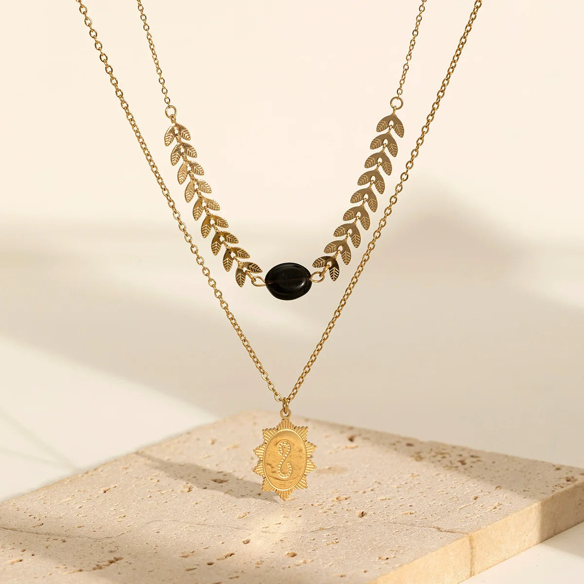 Double Layer 14k Gold Necklace Stainless Steel Gold Snake Chain Necklace Agate Pendant Necklace for Women