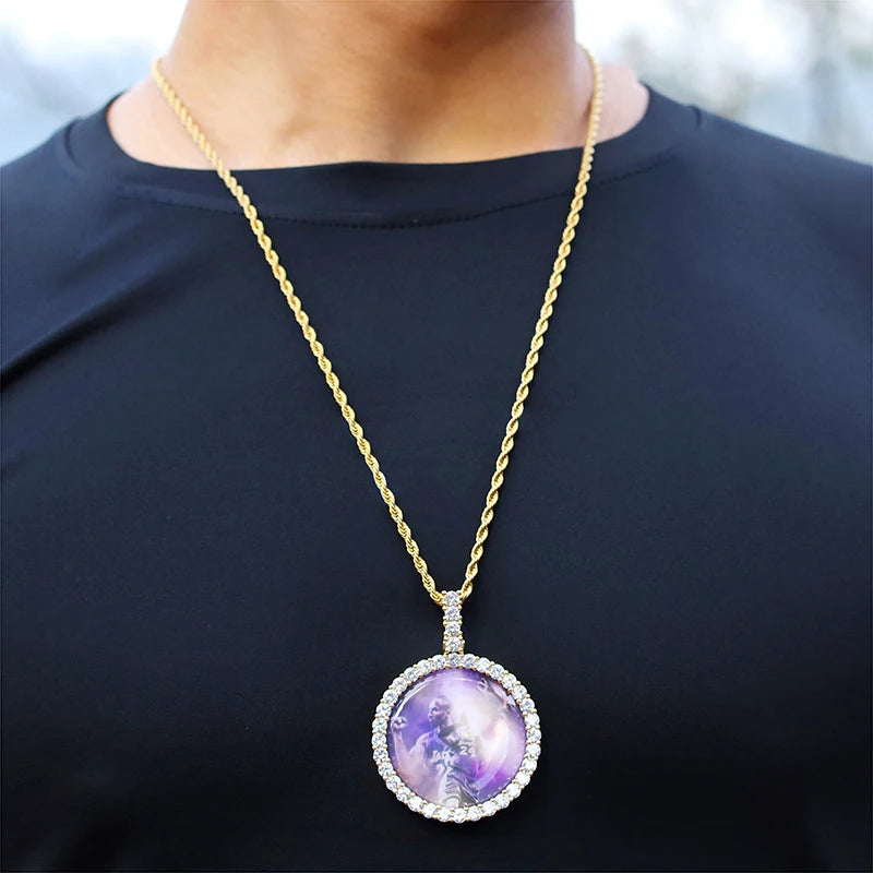 Hip Hop XXL Size Big Round Gold Picture Frame Pendant Necklace Jewelry With Rope Chain