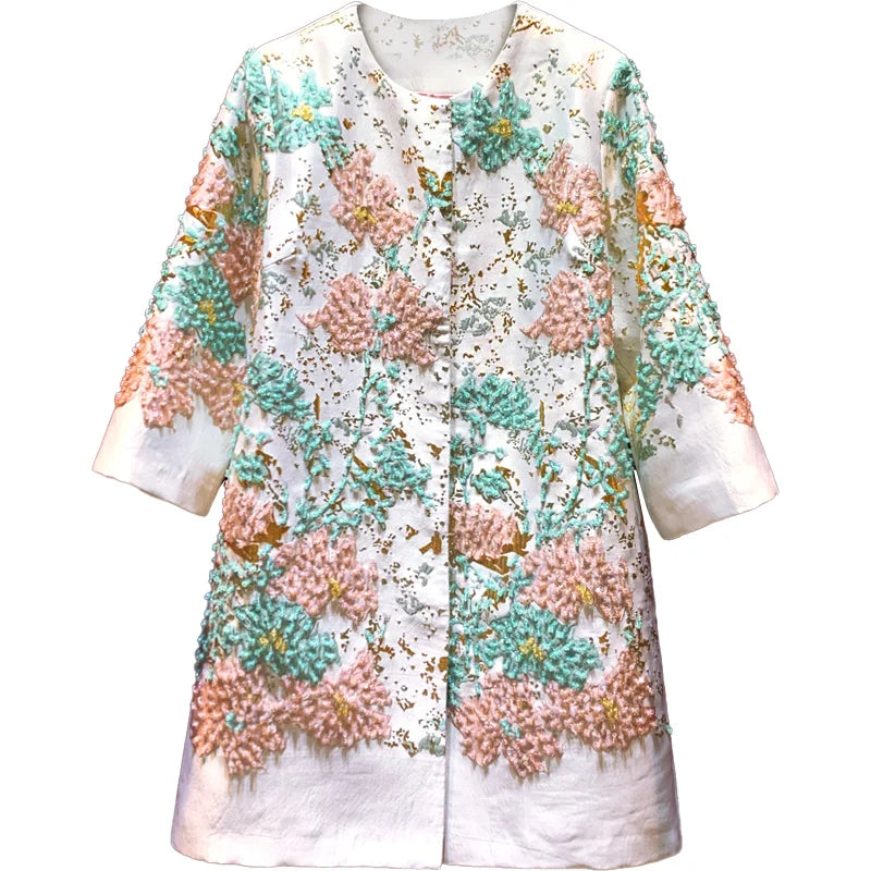 2025 Luxury High-End Women's Mid-Length Coat Slimming A-Line Crewneck Embroidery Decoration Party-Style Floor-Length Natural