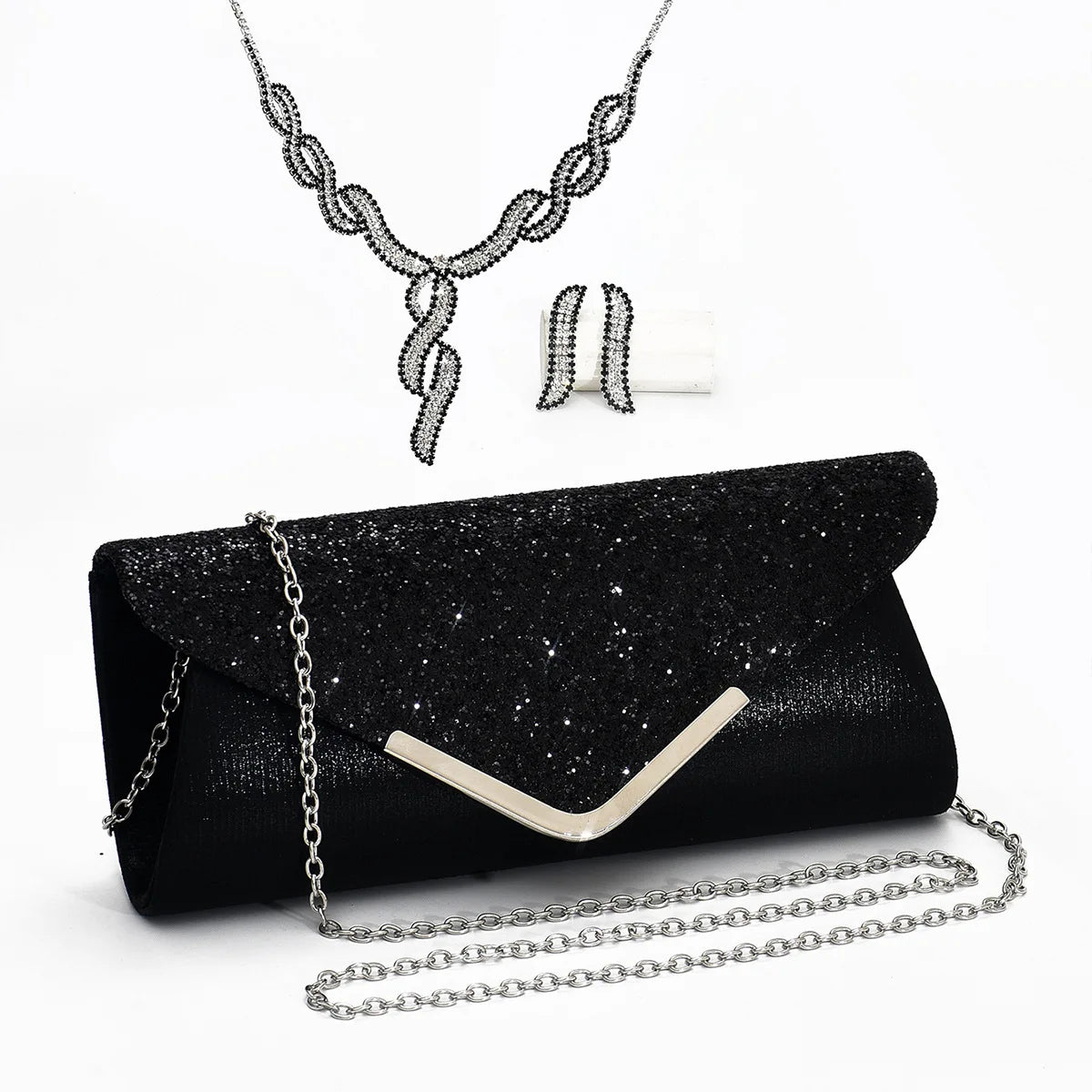 Women Glitter Sequins Evening Party Handbag Portable Black Wedding Purse Clutch Bag and Rhinestone Jewelry Set (KJ141)