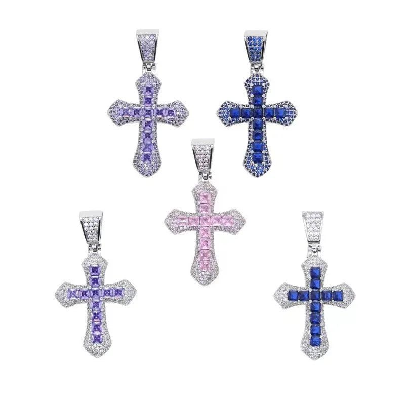 Unisex Trendy Hip Hop Baguette Zircon Princess Cut Bling Rapper Pendant Cross Rhodium Plated Rope Chain Brass Party