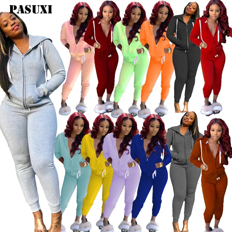PASUXI Wholesale Custom LOGO High Quality Women Blank Full Zip up Drawstring Soft Fleece Oversized Hoodie Loose Pants