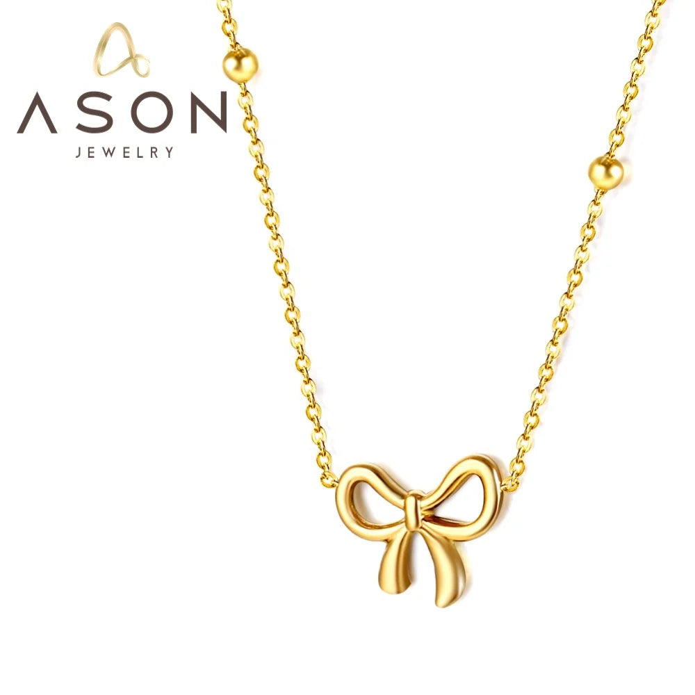 Ason Jewelry New Hot Sale Waterproof Stainless Steel 18k Gold Plated Exquisite Bow Knot Pendant Necklace