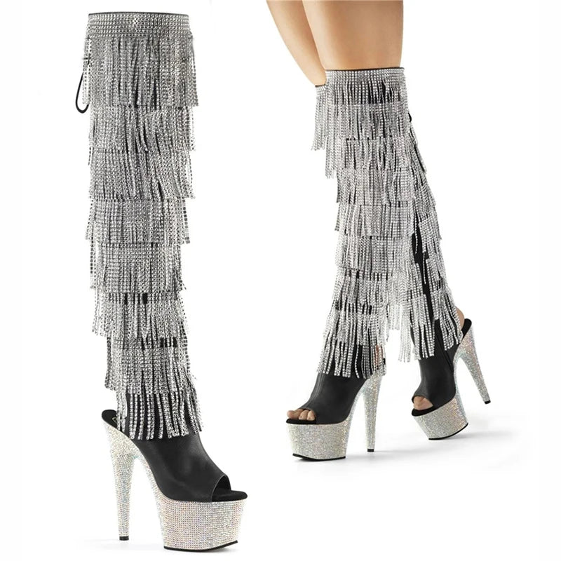 Fringe Gothic Exotic Dancer Boots Over-the-knee Boots 17cm Summer Crystal Diamond Rhinestones Tassels 7inch Exotic Dance Fetish