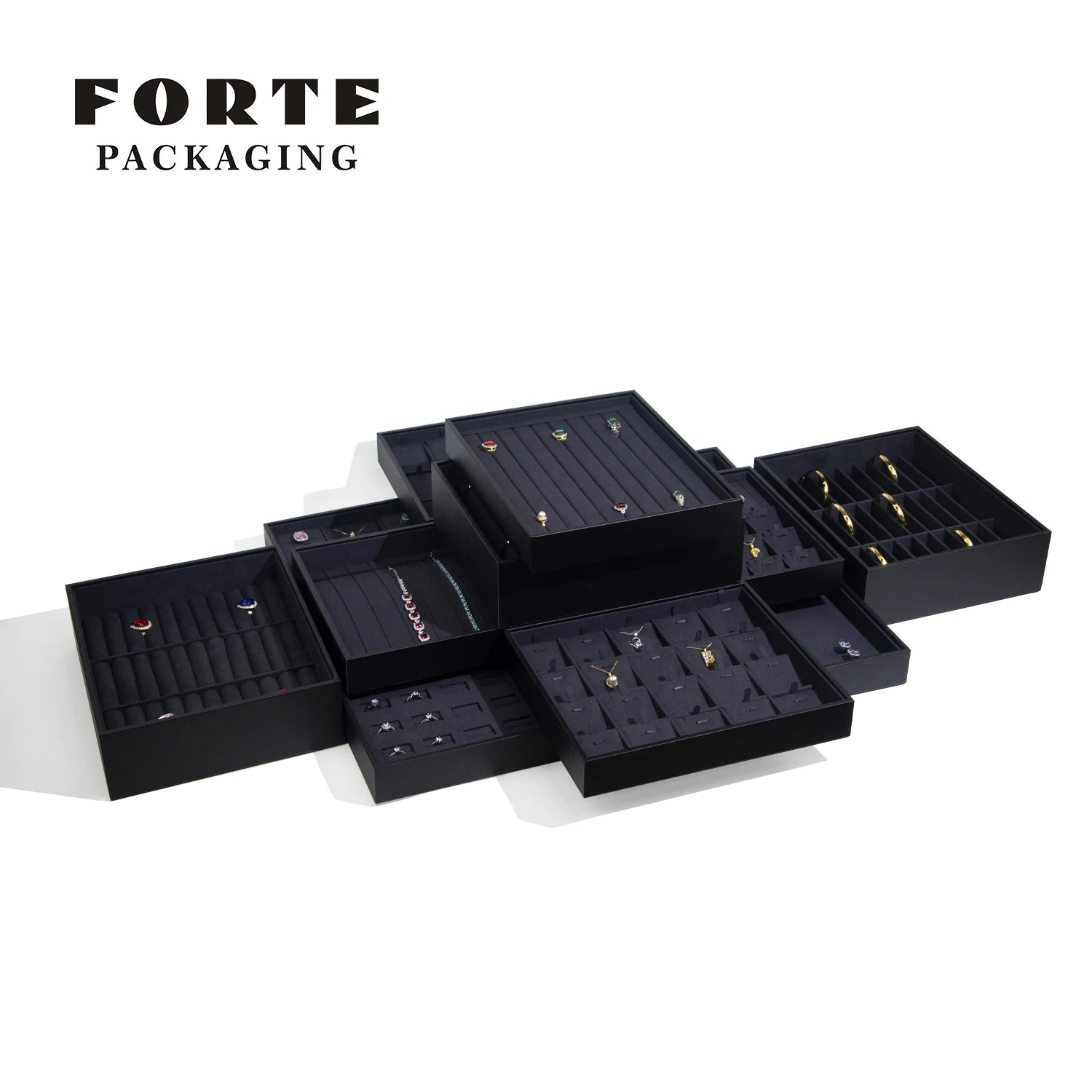 FORTE Custom Luxury PU Leather Jewelry Tray Custom logo Jewellery Display Earring Necklace Ring Tray Display