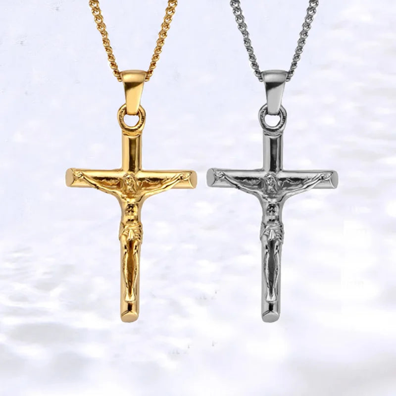 In Stock Jesus Cross Necklace 18k Gold Silver Stainless Steel Religious Christian Jewelry Men Cross Pendant Necklace
