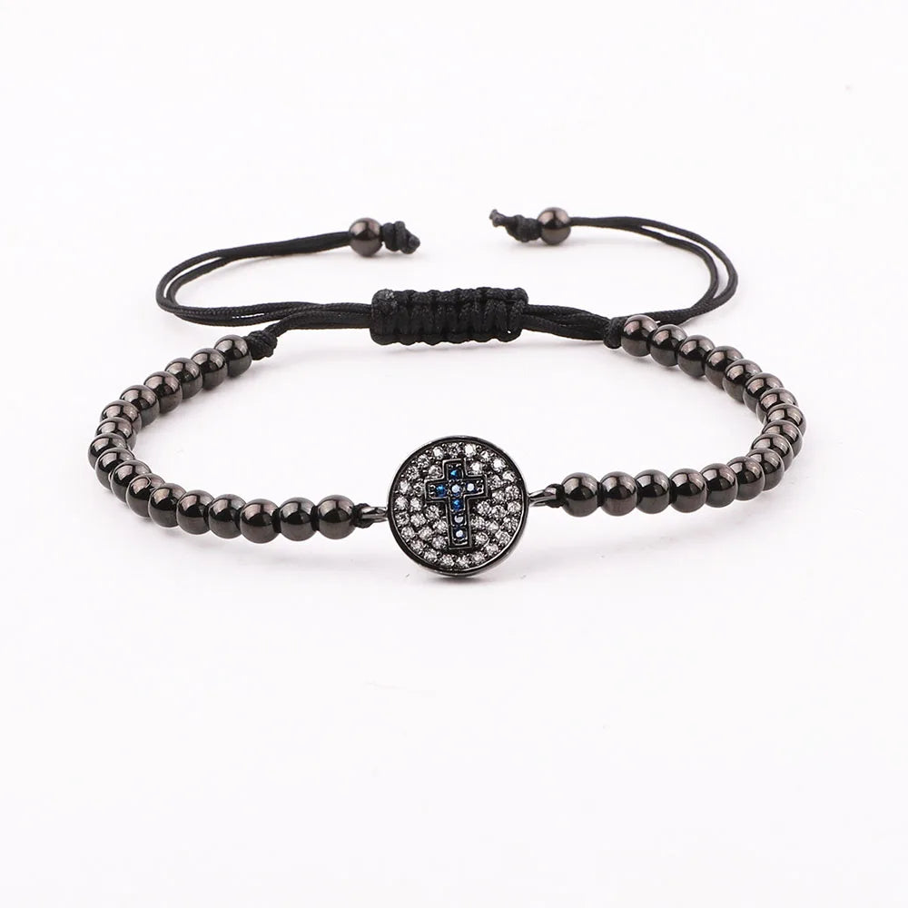 Classic Design CZ Round Cross Charm 4mm Stainless Steel Beads Macrame Bracelet JBS12339