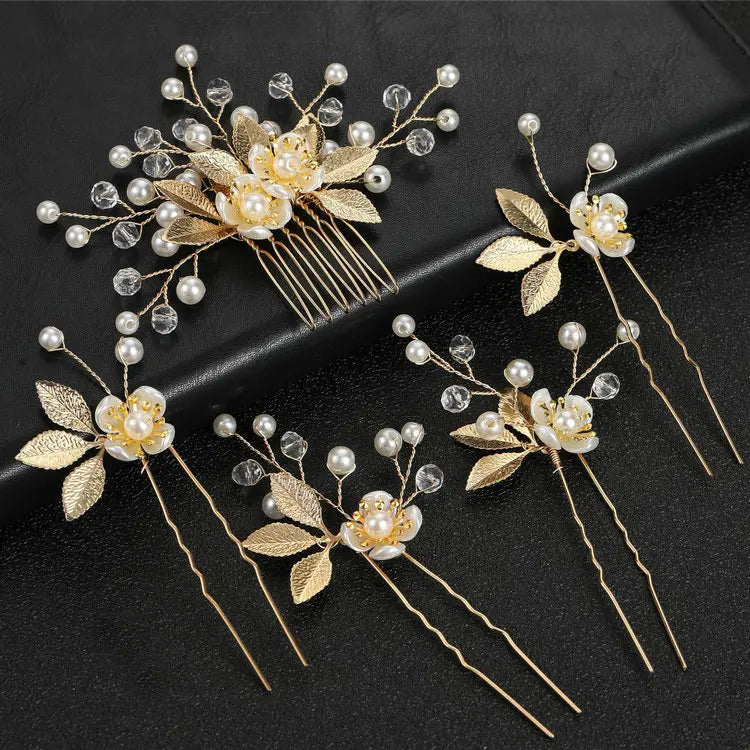 New Arrival Handmade Pearl Bridal Hair Comb 5pcs Gold Color Hairpins Set Hair Accessories Women Wedding