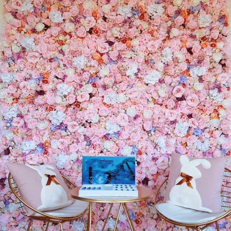 Wedding Decor Faux Mur De Fleur Pink Flower Wall Panel 3D Roll up Cloth Red Artificial Silk Rose Flower Wall Backdrop