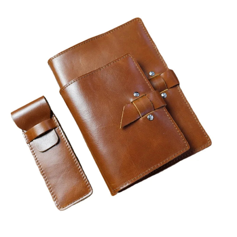 Brown Cowhide Leather Vintage Button Handmade Creative Style Stamping Logo Promotional Use Work Planner Schedule Card A5/A6