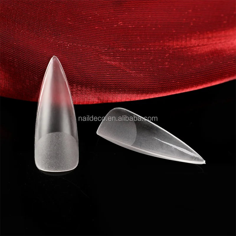 2026 Matte Full Etch Long Stiletto Gel Nail Tips Wide Size Full Coverage Pointy Artificial False Fingernail Art Tips