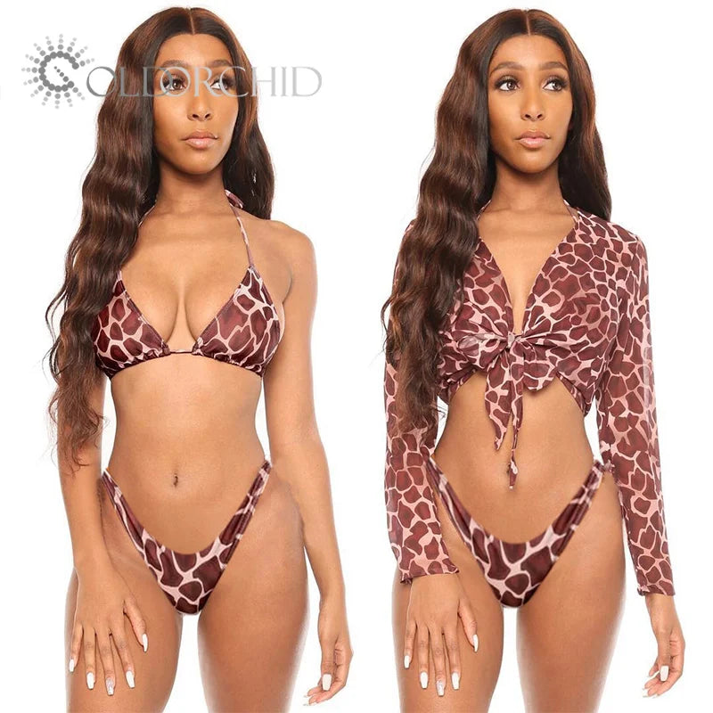 Wholesale 3 Piece Women's Bikini Set Swimsuit with Long Sleeve Cover Ups Swimwear Print Breathable Eco-Friendly 85% Polyester