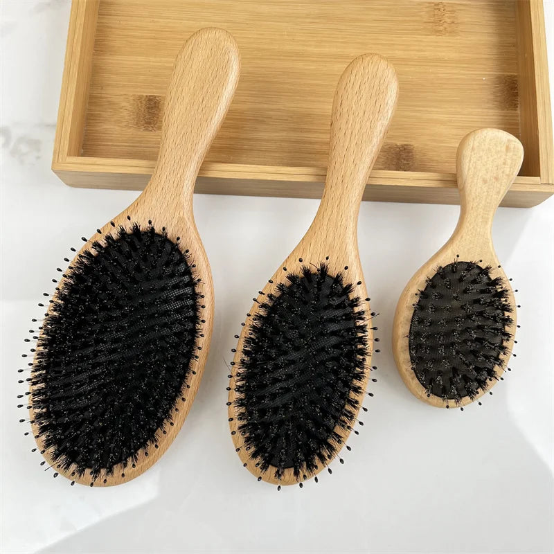 Beech Wood Handle Hair Brush Anti Static Hair Styling Tool Air Cushion Paddle Wooden Comb Natural Nylon Boar Bristle Hair Brush