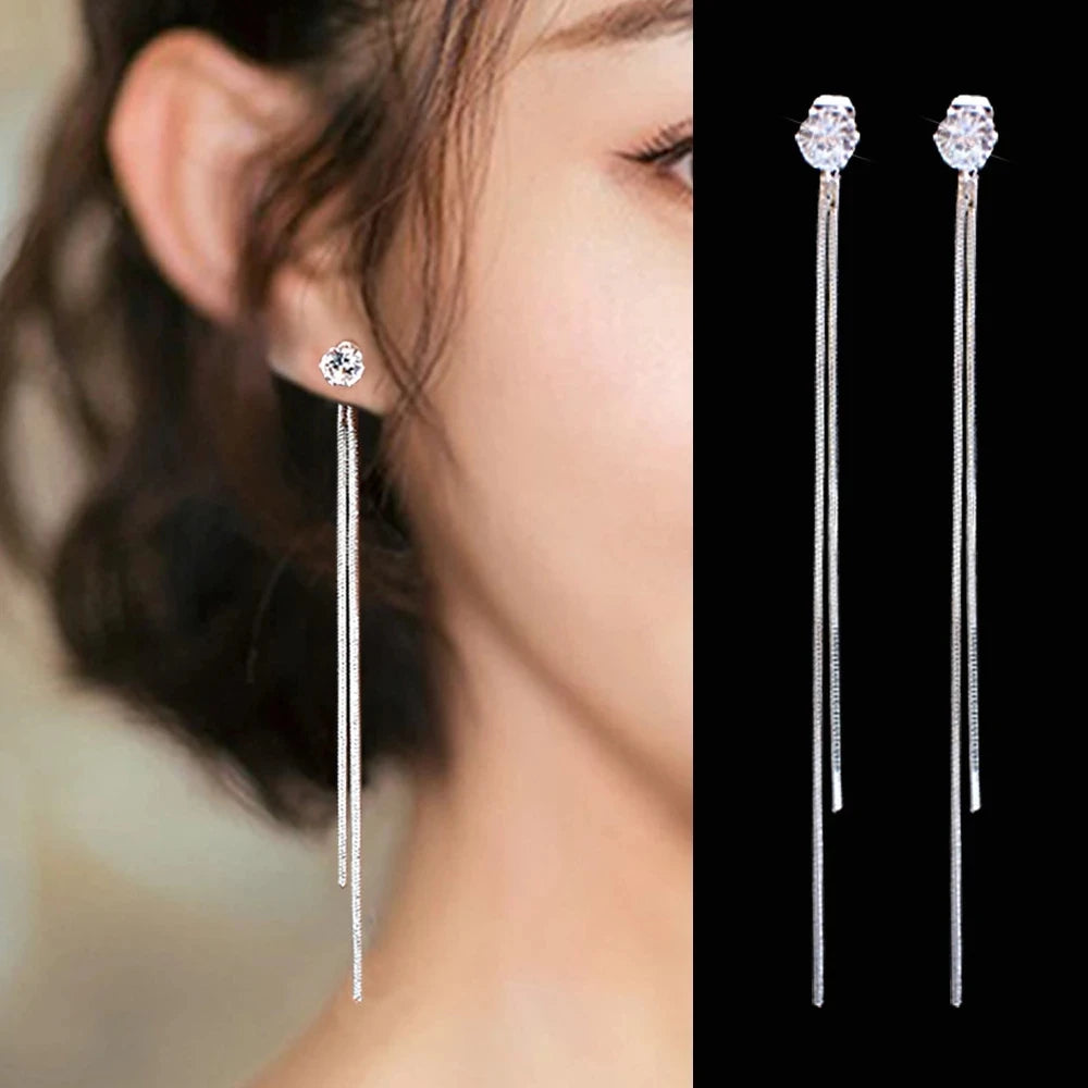 SC New Gold Silver Color Long Tassel Dangle Earrings Wire Women Wedding Drop Earrings Trend Shinny Zircon Earrings