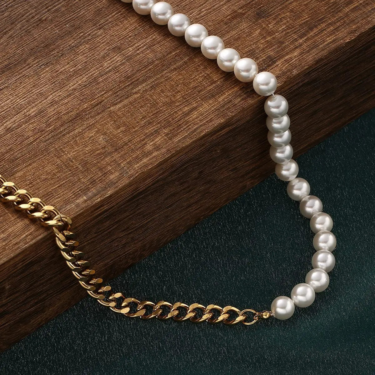 Punk Vintage Style Silver Gold Stainless Steel Cuban Link Chain Handmade Pearl Necklace Half Pearl Half Chain Necklace Men