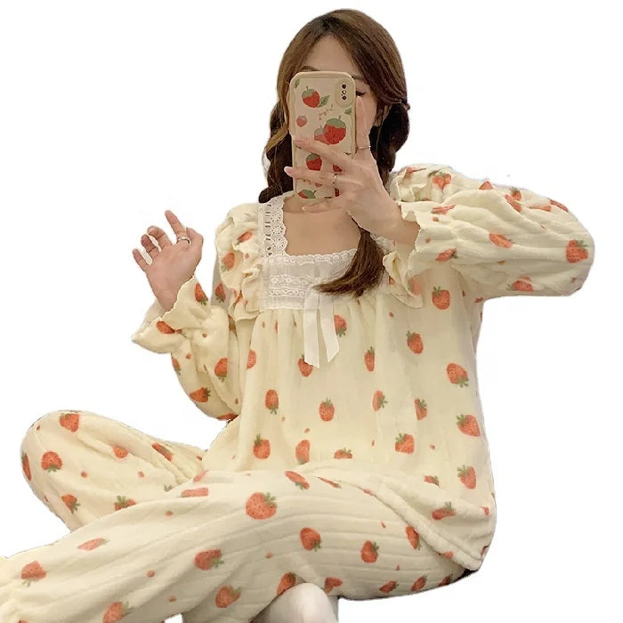 Hot Selling Winter Thicker Long-sleeve Fleece Fabric Women's Pajamas Square Collar Home Wear Sets