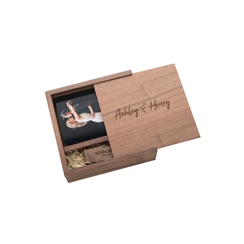 Multifunctional Wooden USB Gift Box 4X6 Rectangular Wood Photo Album Pendrive Storage Custom Engraving Sliding Design Sundry Box