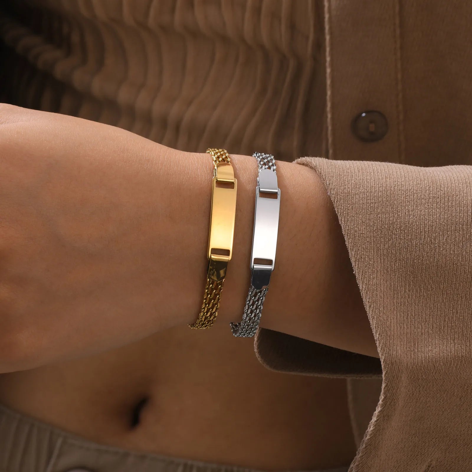 2025 Gold Plated Wide Bar DIY Name Gold Filled Bracelet Stainless Steel Personalized Wide Adjustable Gold Engraved bar Bracelet