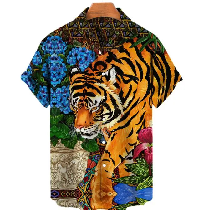 Wholesale 3D Print tiger Pattern Mens Shirts Casual Short Sleeve Summer Holiday Shirts for Men