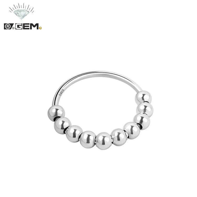 R.GEM. Women Men Trendy Fine Jewelry S925 Sterling Silver Fidget Spinner Anti Anxiety Beads Ring for Wedding Anniversary Party