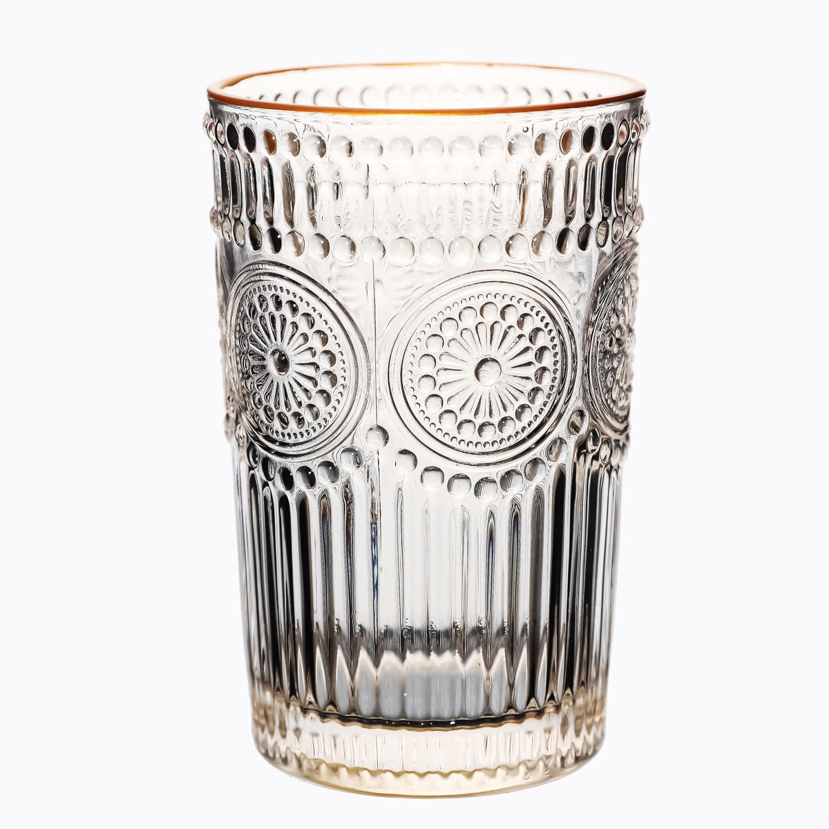 European Style High Quality Embossed Transparent Flower Glass Tea Cup for Drinking Juice or Cola Clear Glass Cup