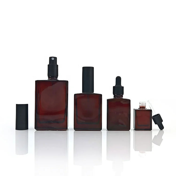 10ml 30ml 50ml 100ml Flat Rectangle Serum Pump Bottle Amber Glass Essential Oil Dropper Bottle