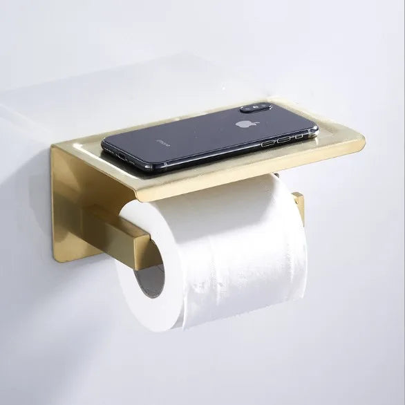 Toilet Tissue Phone Shelf Self Adhesive Rack Brushed Gold Hanging Paper Towel Holder with Shelf