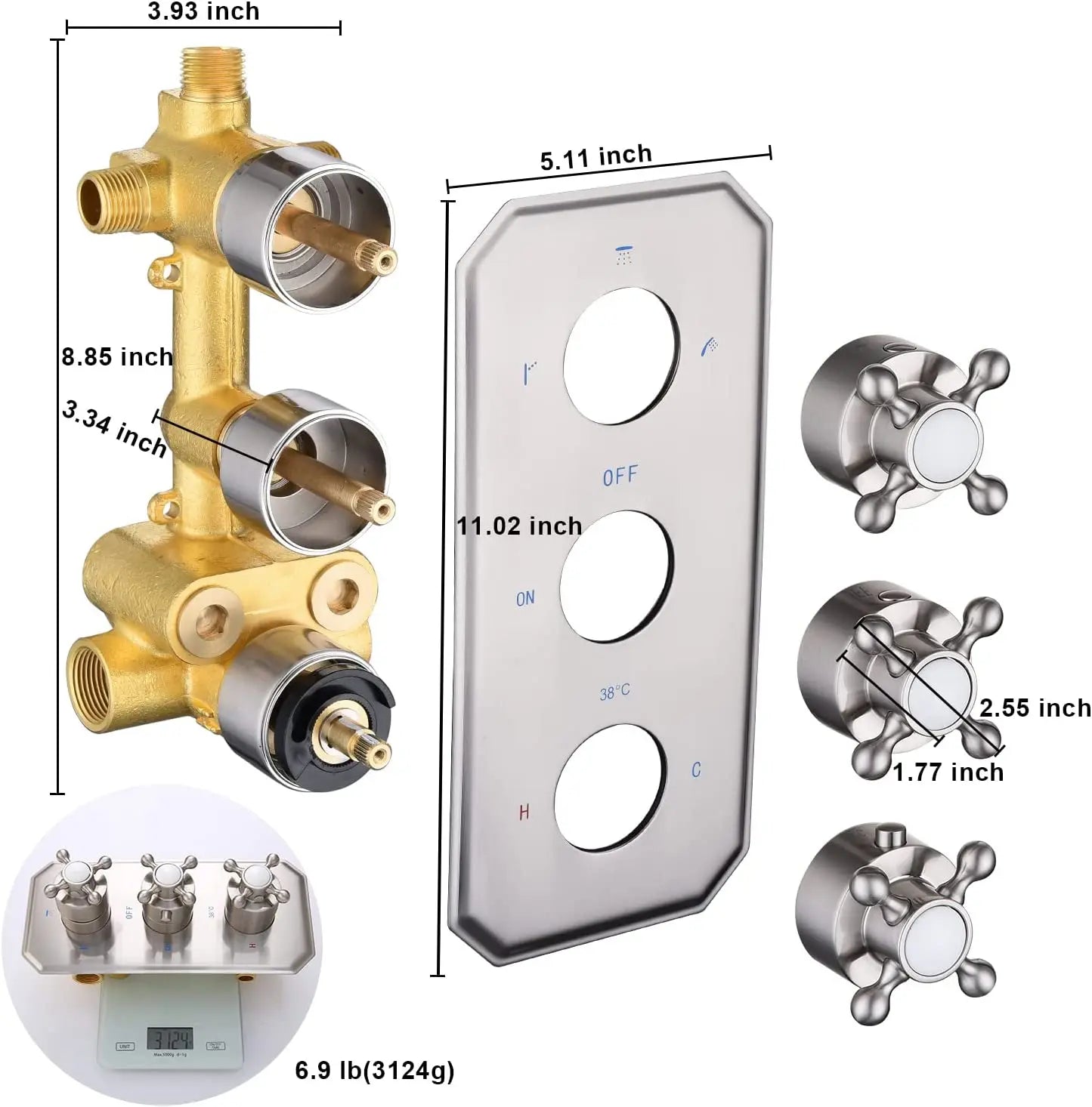 Brushed Nickel Thermostatic Solid Brass Shower Valve 3 Way Modern Bathroom Shower Kits