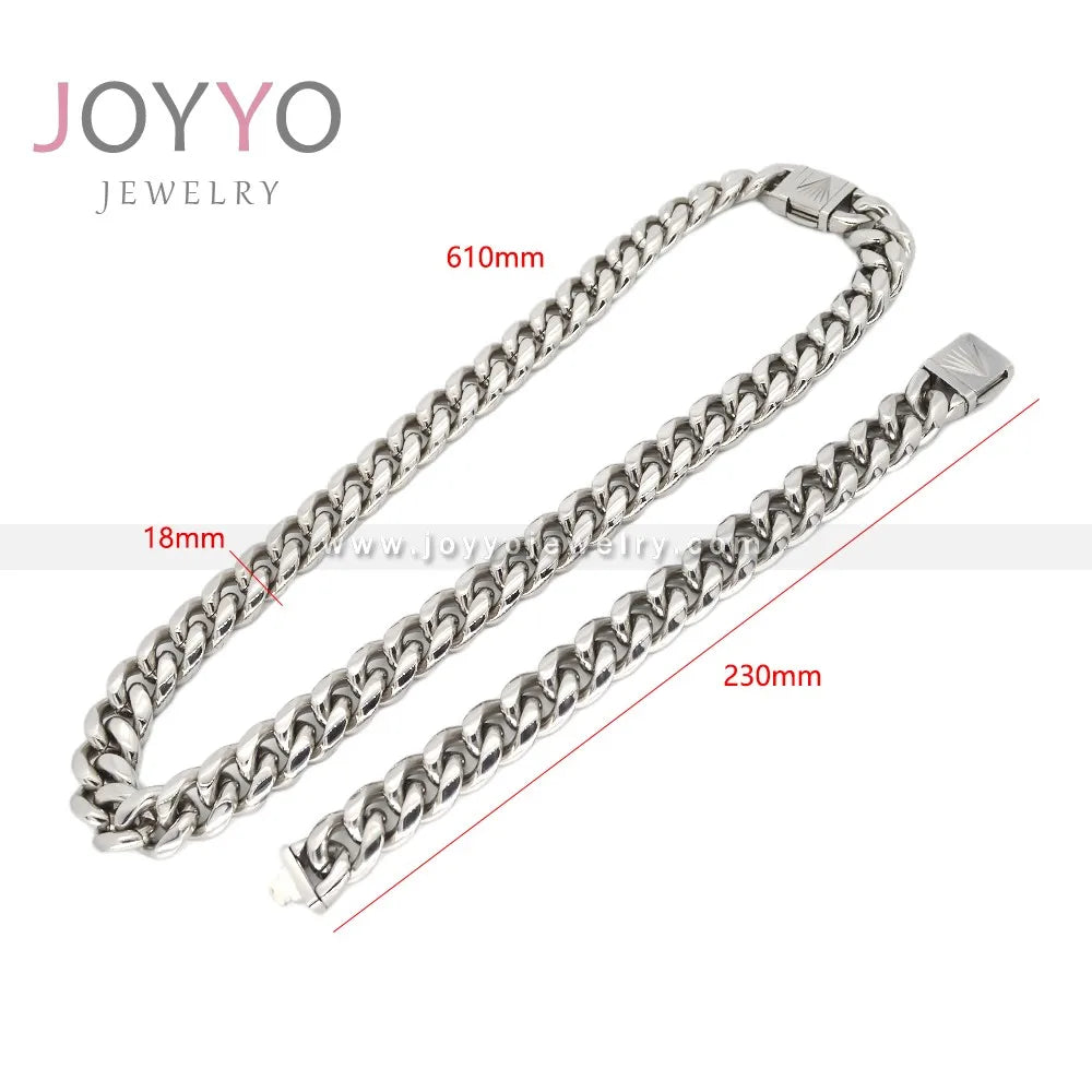 230MM 610MM Long18MM Width Men's Polished Stainless Steel Link Chain Bracelet Necklace Jewelry Set with Different Clasps