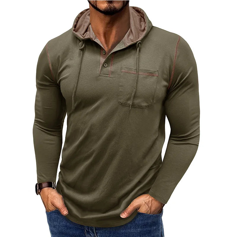 RNSHANGER New Men's Long Sleeve T-Shirt Streetwear Hooded Henry Collar Tee Shirt Solid Color Fashion Casual T Shirt with Pocket