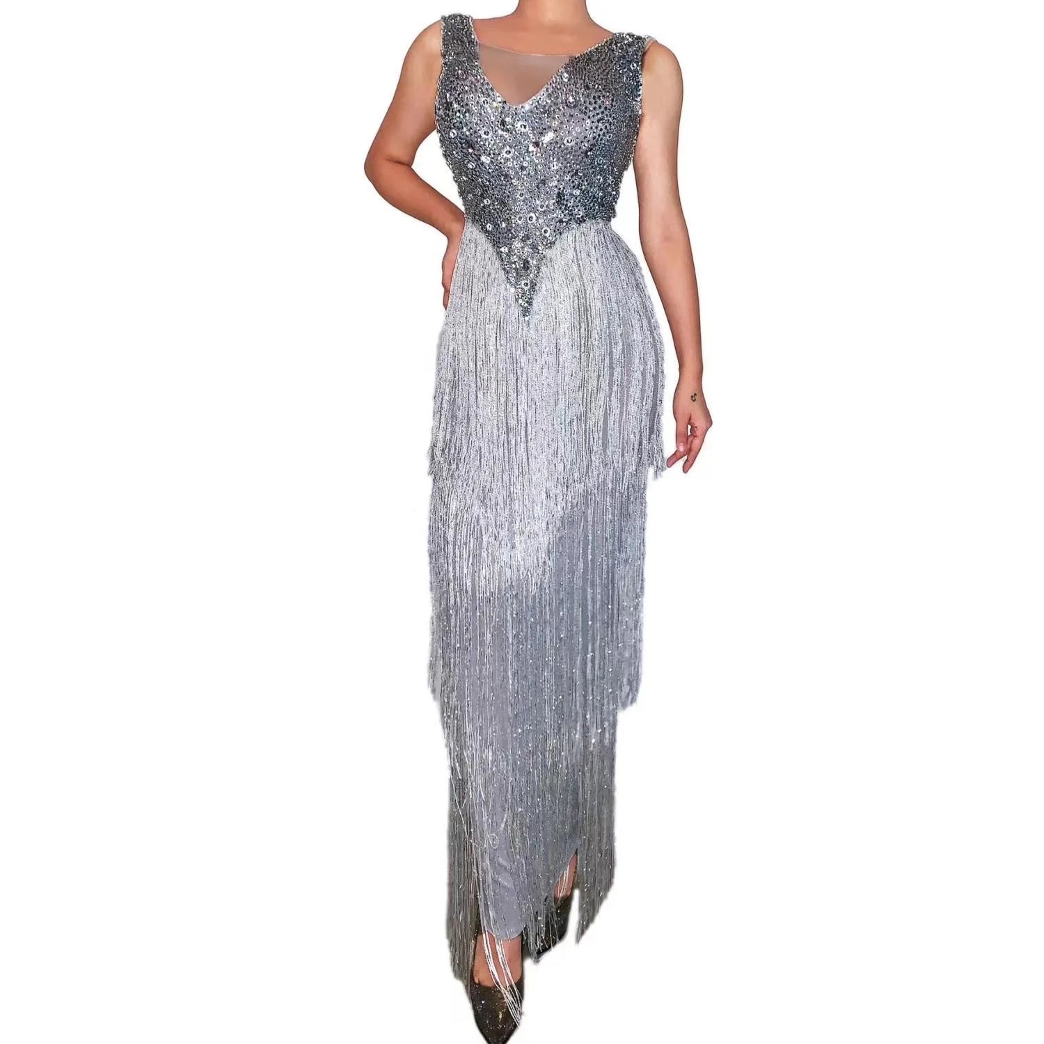 2023 Designer Sequin Crystal Tassel Performance Long Dance Dress Dinner Gown Birthday Graduation Women Prom Evening Dress