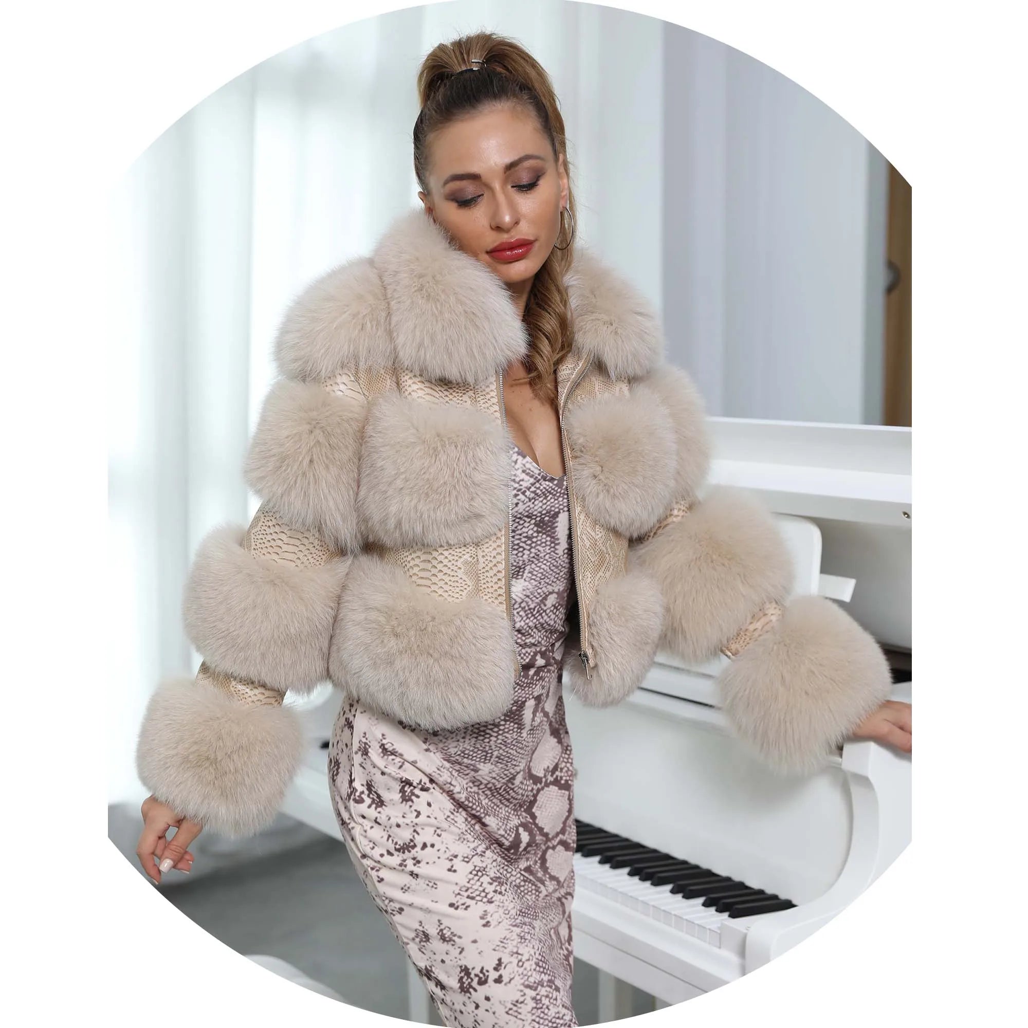 Luxury Windproof Custom Embossed Leather Fox Fur Jacket