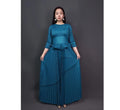 New Casual Solid Color Pleated Women'S Set Crew Collar Long Sleeve  Flower Tops and Skirt Two 2 Piece Set Tracksuit Outfit
