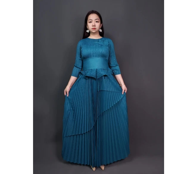 New Casual Solid Color Pleated Women'S Set Crew Collar Long Sleeve  Flower Tops and Skirt Two 2 Piece Set Tracksuit Outfit