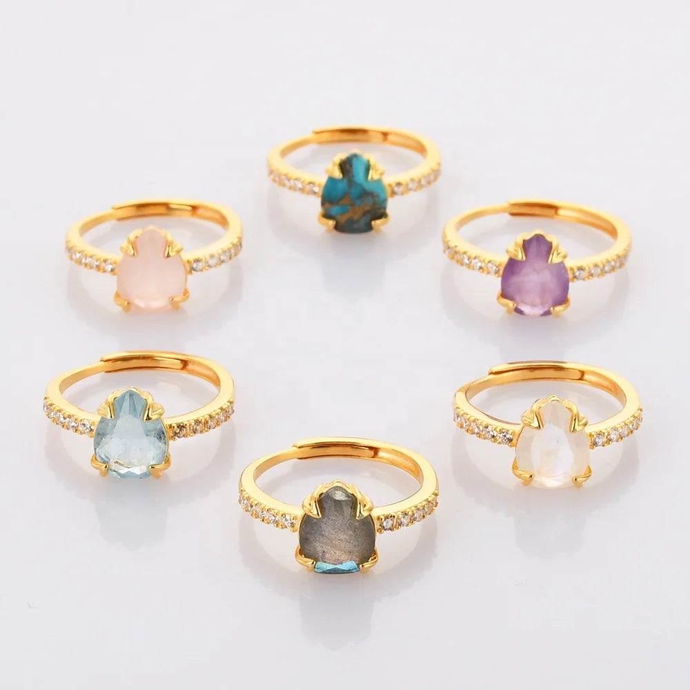 Gold Plated Natural Healing Stones Crystal Gemstone Women Jewelry 925 Sterling Silver Rings for Women