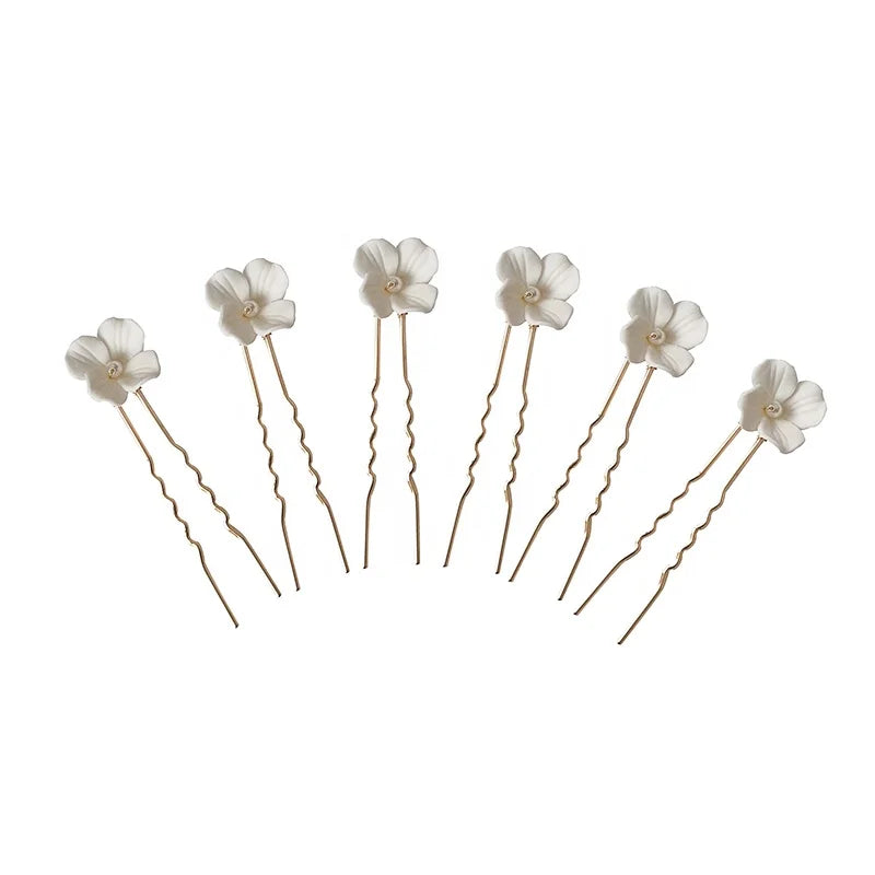 Ins Style 6pcs Set Bridal Handmade Hair Pins Wedding Headpiece Hair Jewelry Ceramic Flower With Freshwater Pearl
