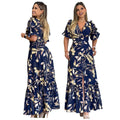 Y10532 High-Quality Summer Dresses Women Casual Elegant V-Neck Puff Sleeve Ruffle Print Dress Slit Bohemian Dress With Pockets