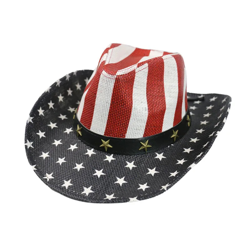 Ready to Ship USA American Flag Hats Straw Cowboy Hat W/Shapeable Brim Red White Navy Blue Beach Hat