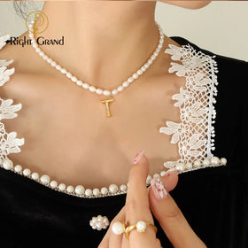 New Natural Freshwater Pearl Beads Necklace With Initial 26 Capital A-Z Bamboo Letter Pendant Necklace for Women