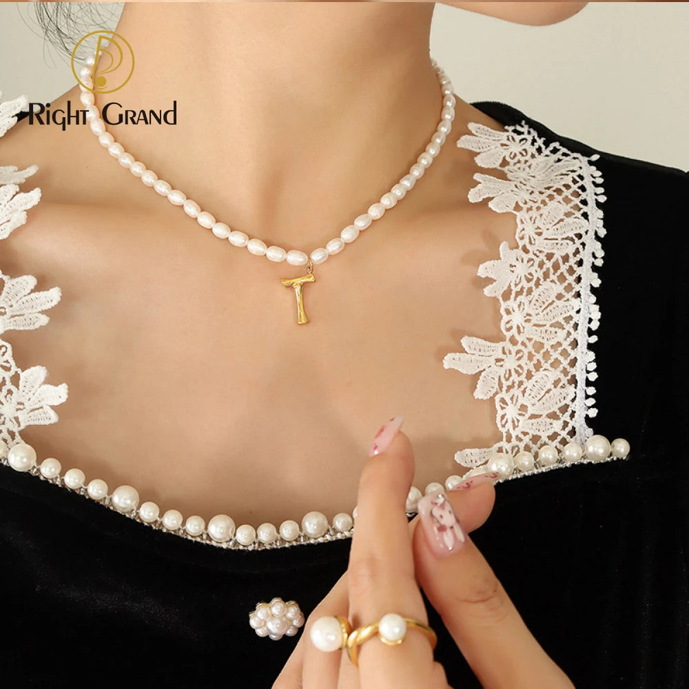 New Natural Freshwater Pearl Beads Necklace With Initial 26 Capital A-Z Bamboo Letter Pendant Necklace for Women
