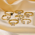 Wholesale Custom 18K Gold Plated Stainless Steel Rings Adjustable Fashion Jewelry Black White Square Teardrop Heart Zircon