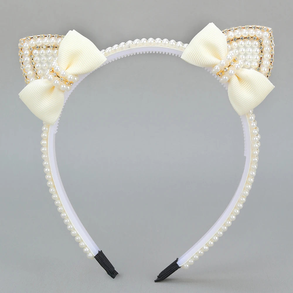CN Fashion Cute Beige Ear Crown Hairband Full Pearl Rhinestone Headband with Teeth Comfortable Soft 6Inch Girls Sweet Opp Bag