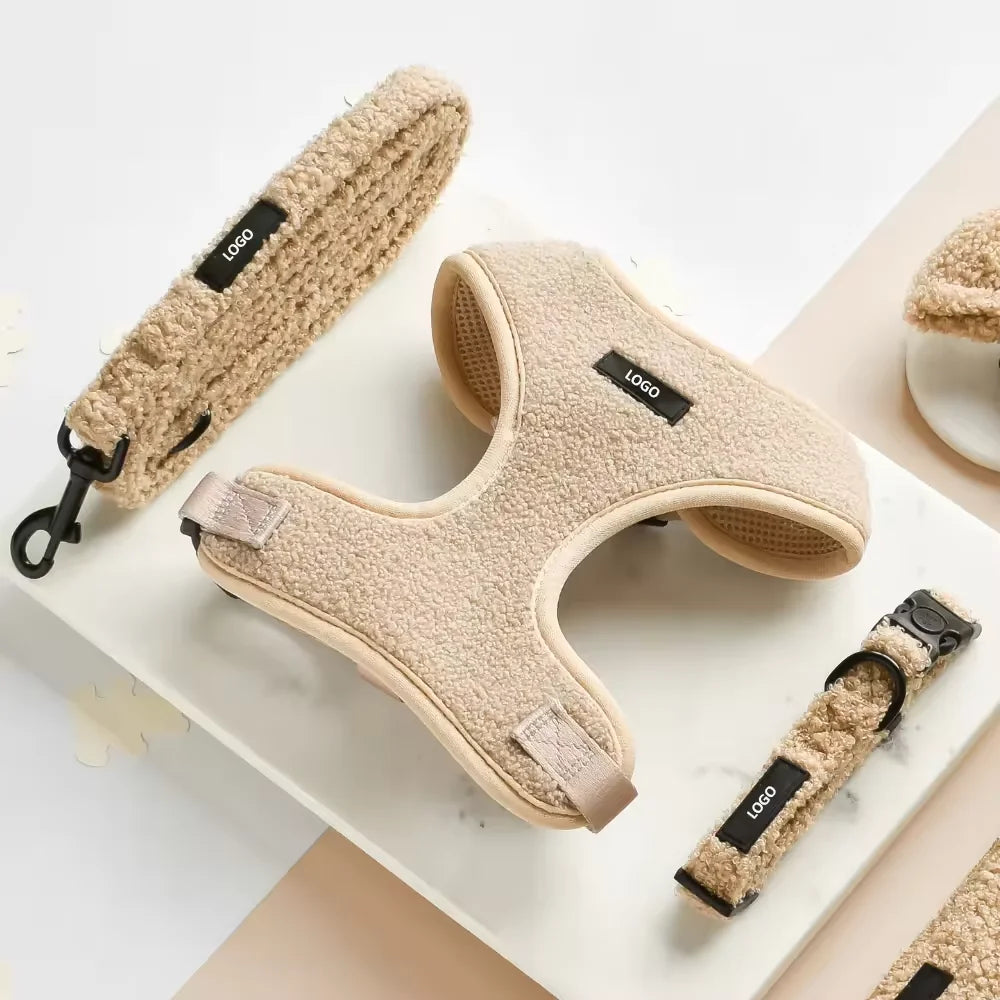 Customize Teddy Sherpa Dog Harness and Leash Set Puppy Dog Collar With Poop Bag Dispenser