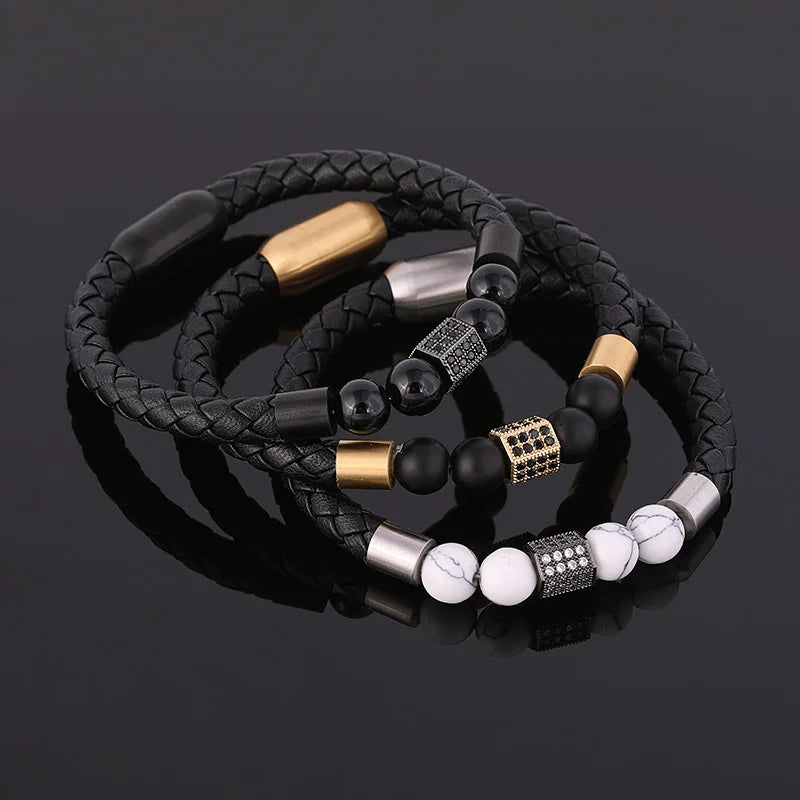 Men Hip Hop Punk Fashion Stainless Steel CZ Inlaid Charm Round Stone Bead Genuine Leather Bracelet Men
