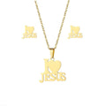 New Men Women 304 Stainless Steel Jesus Heart Letter Pendant Necklace I Love Jesus Earring Jewelry Set