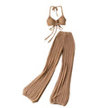 Women Summer Design Knitted Set Sexy Backless Halter Short Tops+Chic Hollow Knitted Wide Leg Long Pants Two Piece Suit Women Set