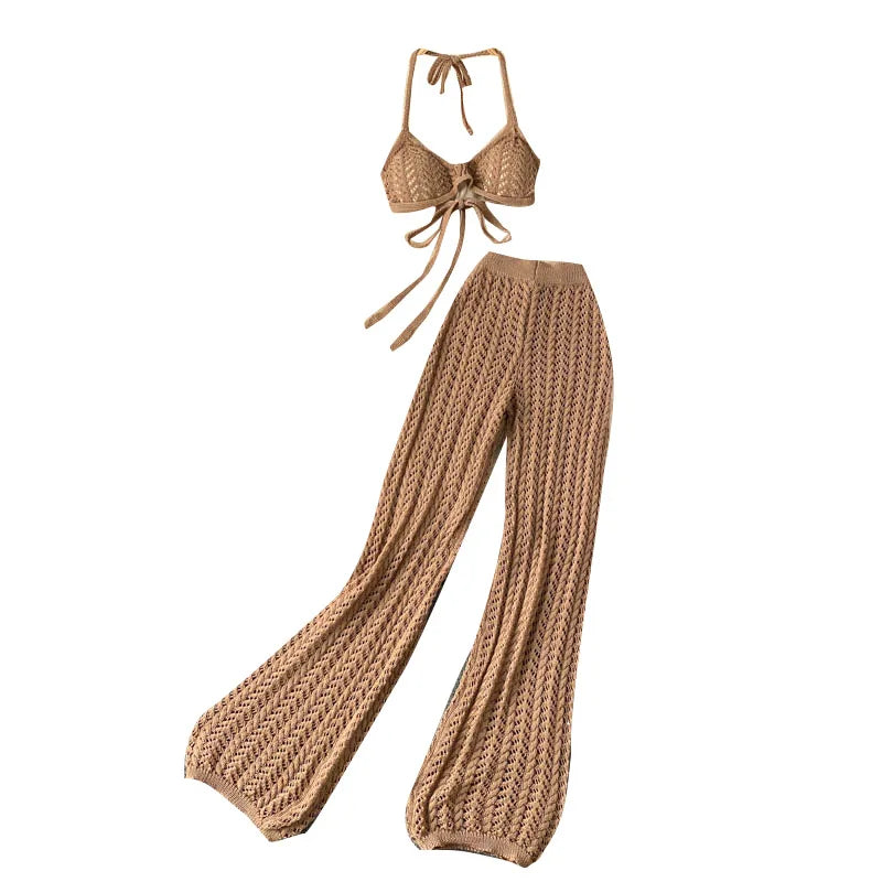 Women Summer Design Knitted Set Sexy Backless Halter Short Tops+Chic Hollow Knitted Wide Leg Long Pants Two Piece Suit Women Set