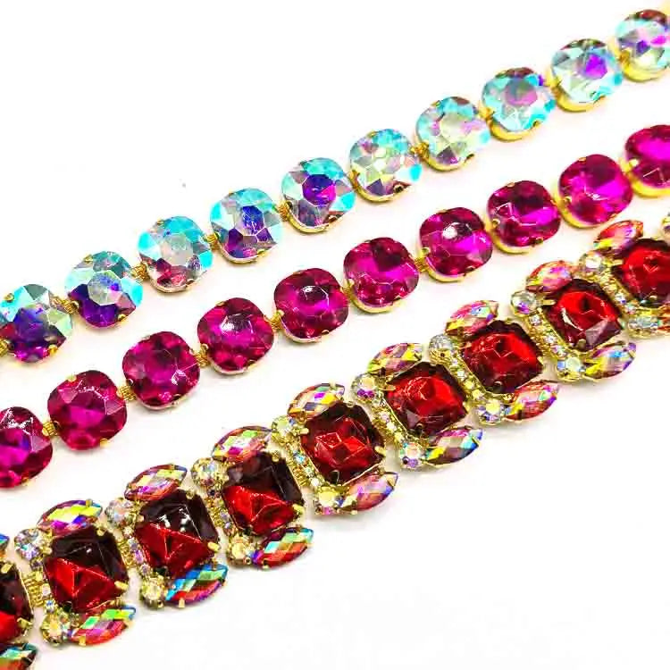 Luxury Crystal AB Gold Trim Chain Sewing Accessories Clothing Rhinestone Trimming for Plus Size Women Clothing Processing