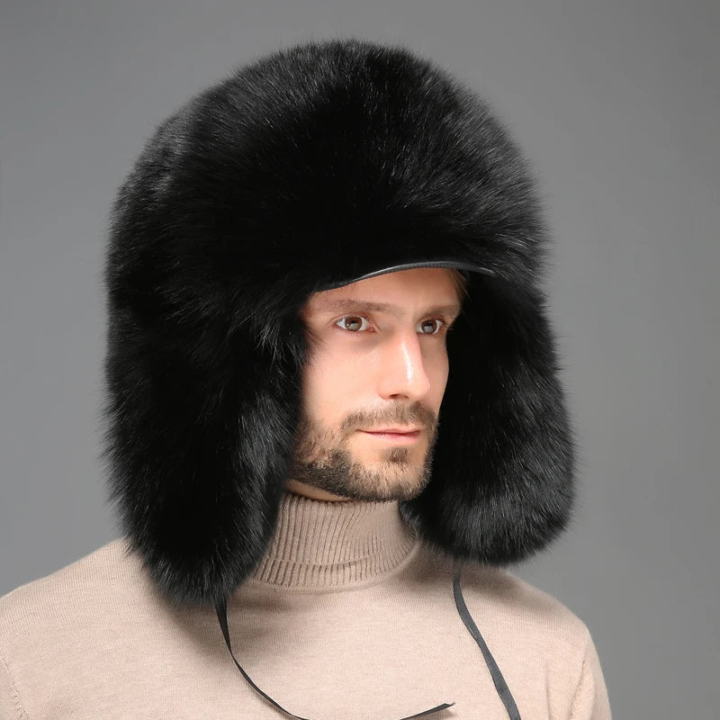 Custom Russian Winter Knitted Hat with Raccoon Fur Ear Flap Winter Trooper Trapper Aviator Cap with Leather Trim for Parties